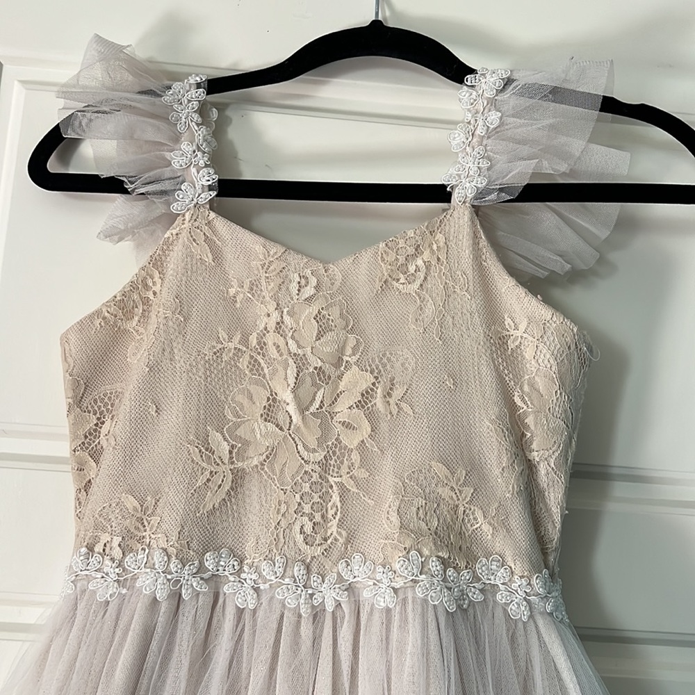 Girls formal dress tulle tutu skirt beige nude long lace bow 10 - Picture 5 of 6